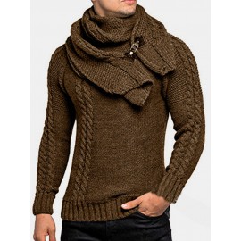 Mens Warm Solid Color Round Neck Long Sleeve Knitted Sweaters With Scarf