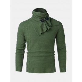 Mens Warm Solid Color Round Neck Long Sleeve Knitted Sweaters With Scarf