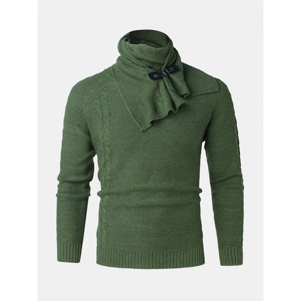 Mens Warm Solid Color Round Neck Long Sleeve Knitted Sweaters With Scarf 