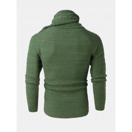 Mens Warm Solid Color Round Neck Long Sleeve Knitted Sweaters With Scarf