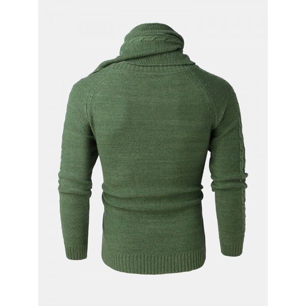 Mens Warm Solid Color Round Neck Long Sleeve Knitted Sweaters With Scarf 