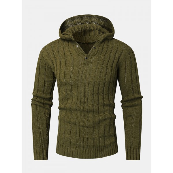 Mens Cable Solid Color Long Sleeve Warm Knitting Hooded Sweaters