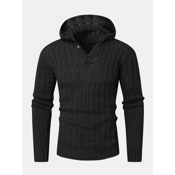 Mens Cable Solid Color Long Sleeve Warm Knitting Hooded Sweaters 