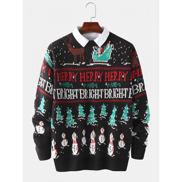 Christmas Mens Letter Cartoon Knitting Graphics Pullover Long Sleeve Casual Sweaters 