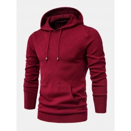 Mens Warm Simple Solid Color Knitted Hooded Sweaters With Pocket