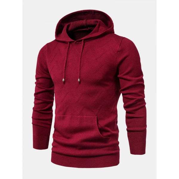 Mens Warm Simple Solid Color Knitted Hooded Sweaters With Pocket 