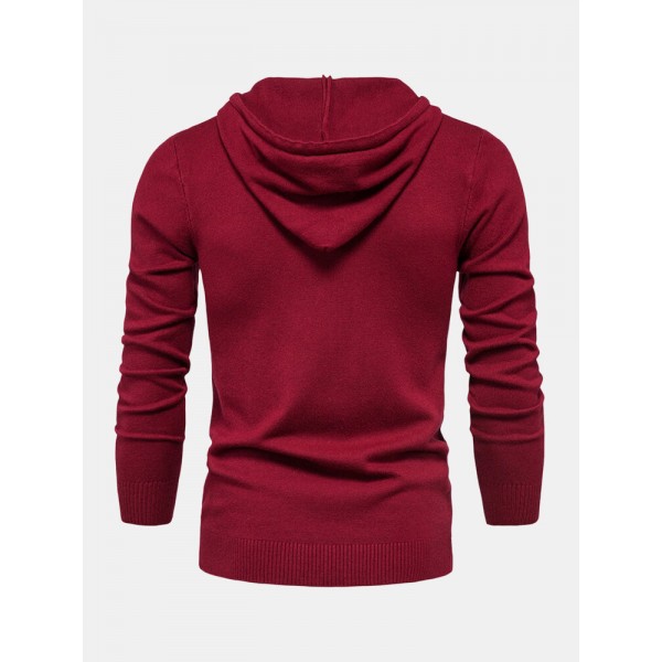 Mens Warm Simple Solid Color Knitted Hooded Sweaters With Pocket 