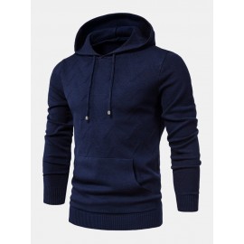 Mens Warm Simple Solid Color Knitted Hooded Sweaters With Pocket