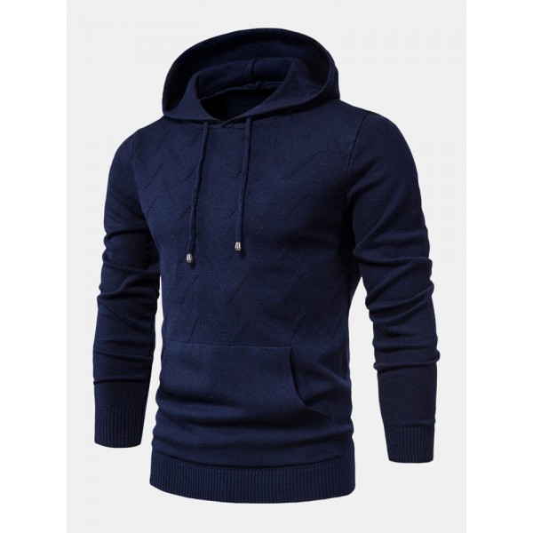 Mens Warm Simple Solid Color Knitted Hooded Sweaters With Pocket 