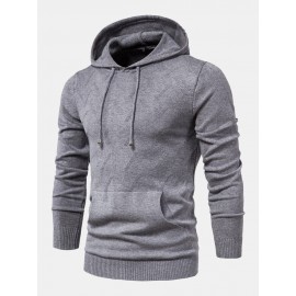 Mens Warm Simple Solid Color Knitted Hooded Sweaters With Pocket