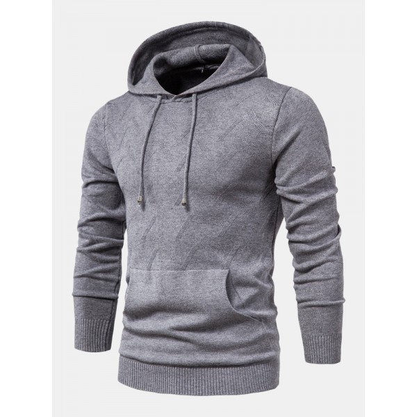 Mens Warm Simple Solid Color Knitted Hooded Sweaters With Pocket 