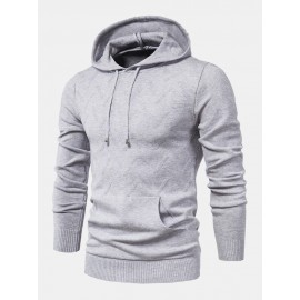 Mens Warm Simple Solid Color Knitted Hooded Sweaters With Pocket