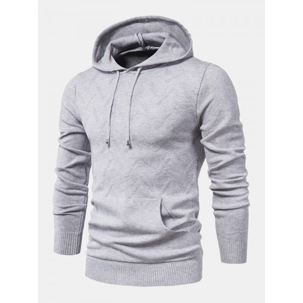 Mens Warm Simple Solid Color Knitted Hooded Sweaters With Pocket 