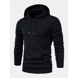 Mens Warm Simple Solid Color Knitted Hooded Sweaters With Pocket