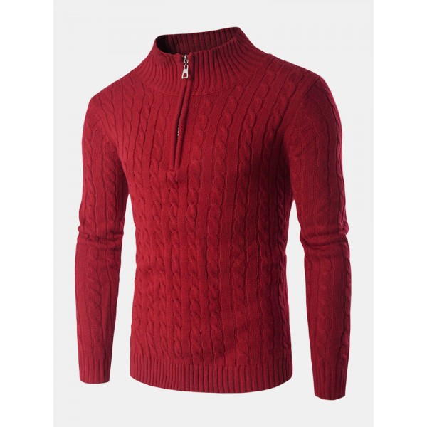 Mens Half Zipper Long Sleeve Cable Knitted Sweaters 