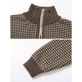 Men Vintage Knitted Stand Collar Contrast Color Plus Velvets Half Zipper Sweater Sweaters