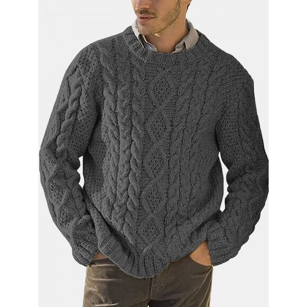 Men Solid Cable Knit Round Neck Casual Pullover Sweaters