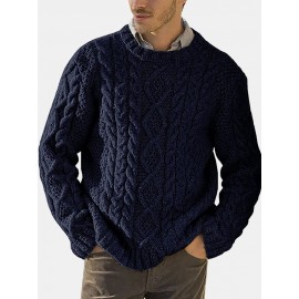 Men Solid Cable Knit Round Neck Casual Pullover Sweaters