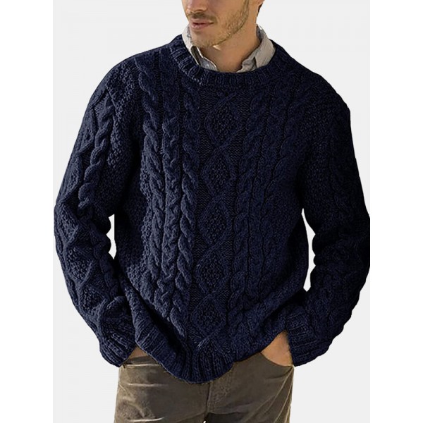 Men Solid Cable Knit Round Neck Casual Pullover Sweaters 