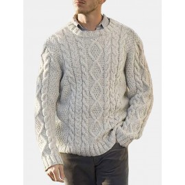 Men Solid Cable Knit Round Neck Casual Pullover Sweaters