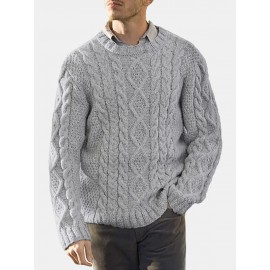 Men Solid Cable Knit Round Neck Casual Pullover Sweaters