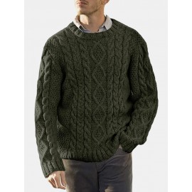 Men Solid Cable Knit Round Neck Casual Pullover Sweaters