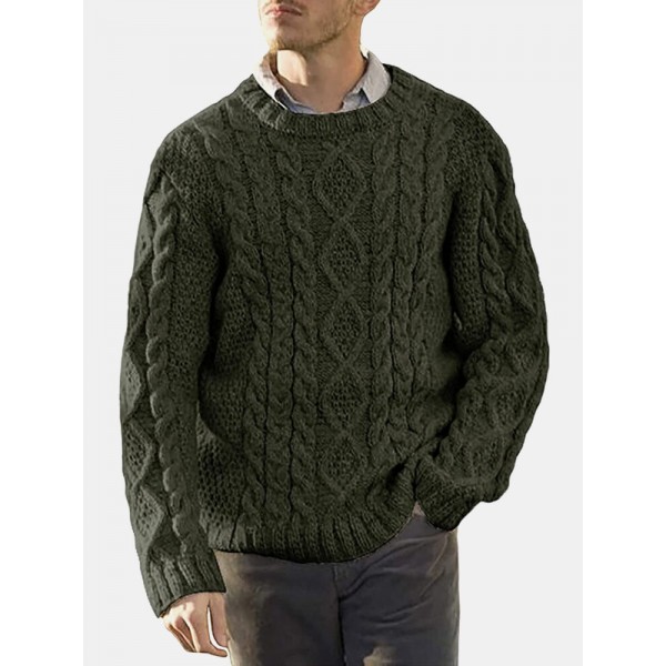 Men Solid Cable Knit Round Neck Casual Pullover Sweaters 