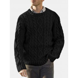 Men Solid Cable Knit Round Neck Casual Pullover Sweaters