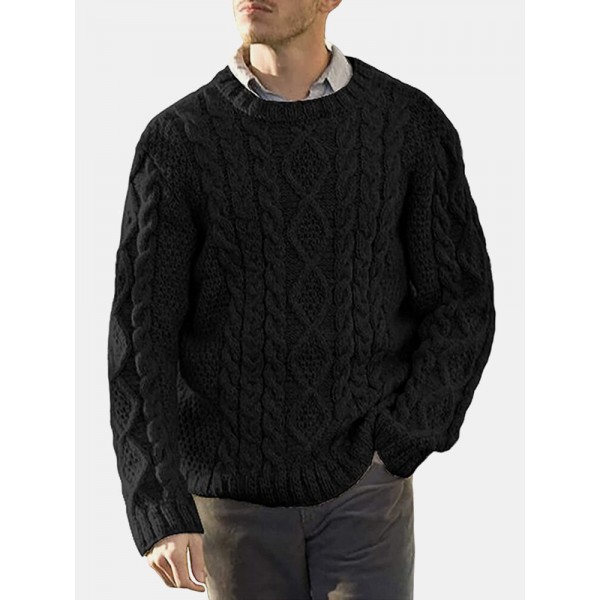 Men Solid Cable Knit Round Neck Casual Pullover Sweaters 