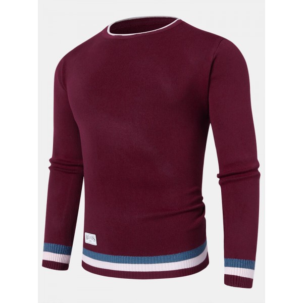 Mens Knitted Contrast Rib Round Neck Long Sleeve Pullover Sweaters