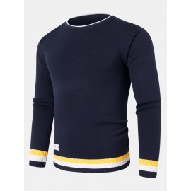 Mens Knitted Contrast Rib Round Neck Long Sleeve Pullover Sweaters