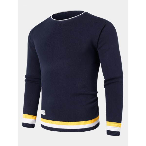 Mens Knitted Contrast Rib Round Neck Long Sleeve Pullover Sweaters 