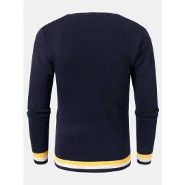 Mens Knitted Contrast Rib Round Neck Long Sleeve Pullover Sweaters