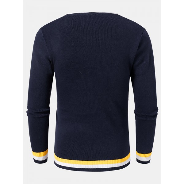 Mens Knitted Contrast Rib Round Neck Long Sleeve Pullover Sweaters 