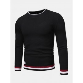 Mens Knitted Contrast Rib Round Neck Long Sleeve Pullover Sweaters