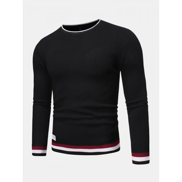 Mens Knitted Contrast Rib Round Neck Long Sleeve Pullover Sweaters 