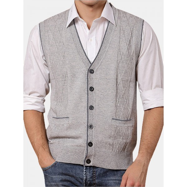 Men's Leisure Woolen Knitted Cardigan Vest Fashion V-neck Jacquard Vest