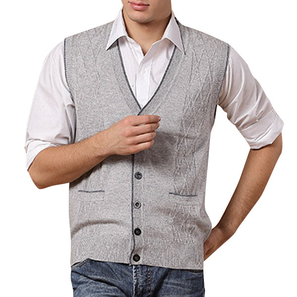 Men's Leisure Woolen Knitted Cardigan Vest Fashion V-neck Jacquard Vest 