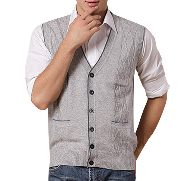 Men's Leisure Woolen Knitted Cardigan Vest Fashion V-neck Jacquard Vest 