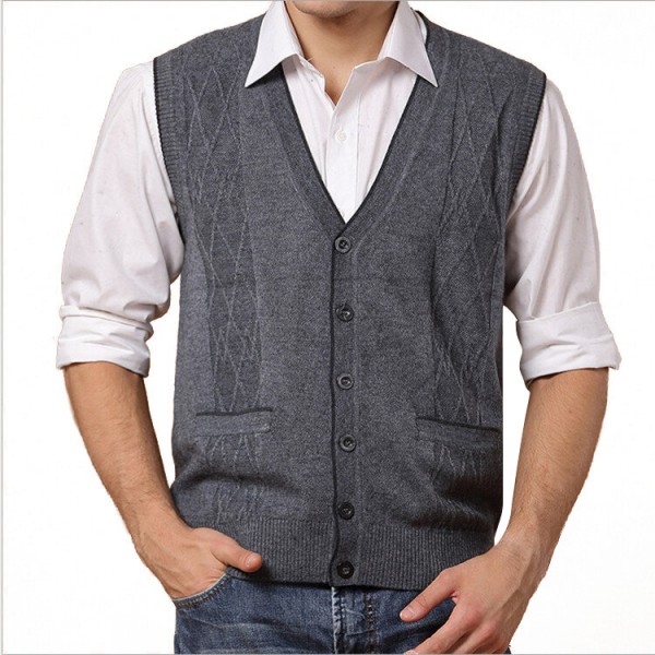 Men's Leisure Woolen Knitted Cardigan Vest Fashion V-neck Jacquard Vest 