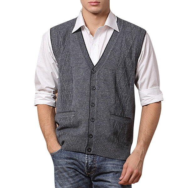 Men's Leisure Woolen Knitted Cardigan Vest Fashion V-neck Jacquard Vest 