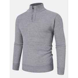 Mens Solid Color High Neck Knitted Warm Long Sleeve Sweaters