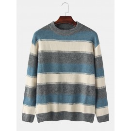 Mens Design Striped Round Neclk Long Sleeve Pullover Sweaters