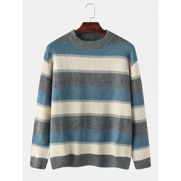 Mens Design Striped Round Neclk Long Sleeve Pullover Sweaters 