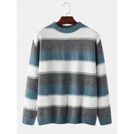 Mens Design Striped Round Neclk Long Sleeve Pullover Sweaters