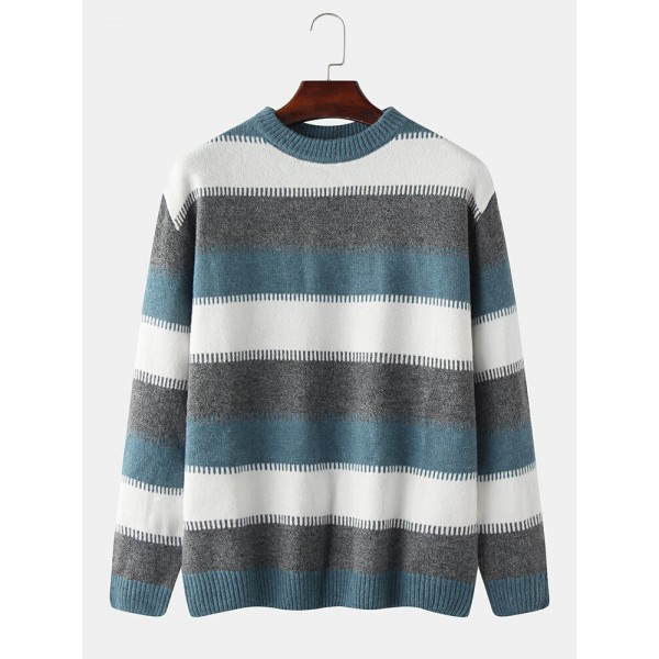 Mens Design Striped Round Neclk Long Sleeve Pullover Sweaters 