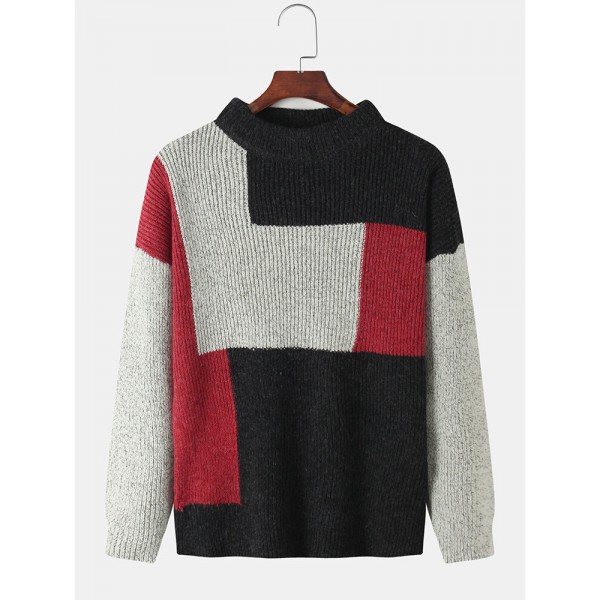 Mens Contrast Color Knitted Round Neck Pullover Sweaters 