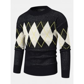 Men Knitted Lattice Long Sleeve Casual Round Neck Loose Sweaters