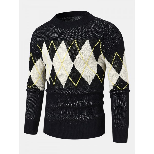 Men Knitted Lattice Long Sleeve Casual Round Neck Loose Sweaters 