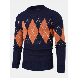 Men Knitted Lattice Long Sleeve Casual Round Neck Loose Sweaters